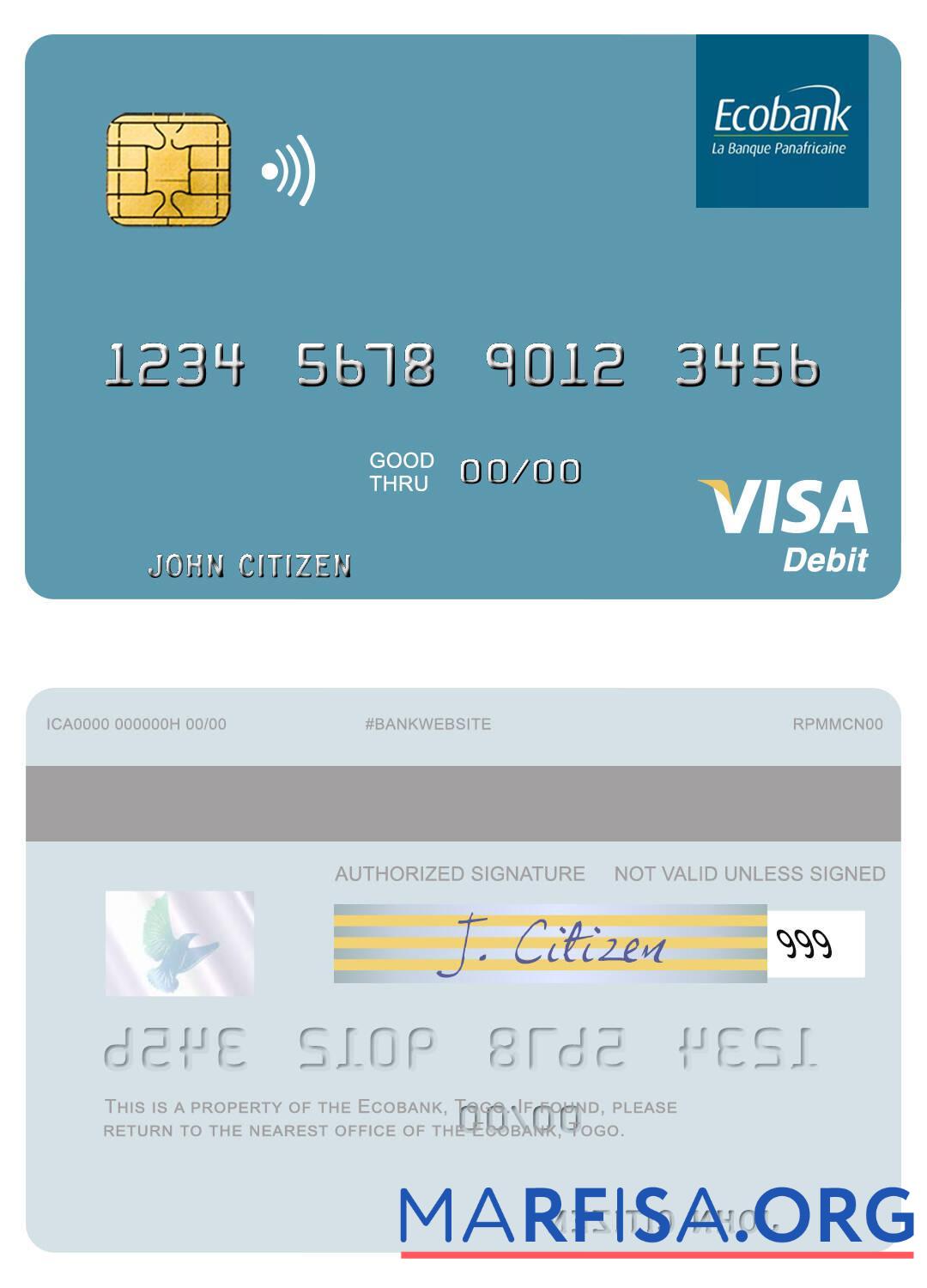 Printable Togo Ecobank visa debit card example
